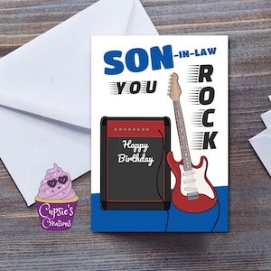 Carte d'anniversaire musicale gendre de la part de la belle-famille, guitare rock - âge personnalisable - grande carte A5 gendre