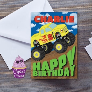 Carte d'anniversaire Monster Truck pour enfants, nom et âge personnalisés, fête Monster Truck pour fils, petit-fils, neveu, garçon amateur de voitures