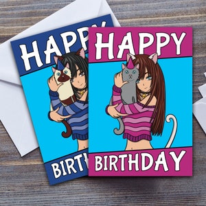 かわいいペットの猫と一緒にアニメの女の子の誕生日おめでとうカード