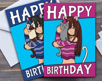 Anime Girl Happy Birthday Card With Cute Pet Cat