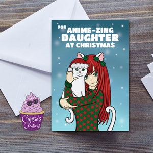 Linda hija anime tarjeta de Navidad, manga chica gato kawaii tarjeta de vacaciones para nieta, tarjeta de Navidad única para ella, tarjeta grande A5 Neko