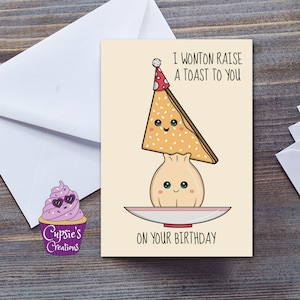 Bonita tarjeta de cumpleaños con comida china - Tostada crujiente de wonton y gambas - Tarjeta de feliz cumpleaños - Para él - Para ella - Tarjetas divertidas - Tamaño grande A5 Reino Unido