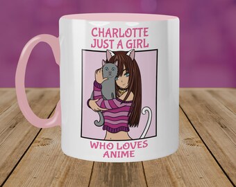 Personalised Anime Girl Mug | Name Here Just A Girl Who Loves Anime | Gift For Her | Gift For Girl | Anime And Cat Girl | Pink