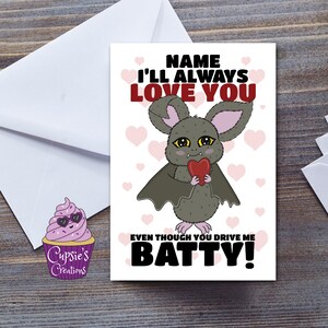 Lindo y divertido murciélago feliz tarjeta de felicitación del día de San Valentín, déjales saber que te vuelven loco, molesta tarjeta de amor de pareja, tarjeta de nombre personalizada