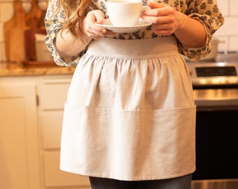 Handmade Linen Colored Vintage Style Waist Apron With Pockets