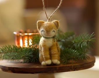 Wool Felted Orange Tabby Kitty Christmas Ornament