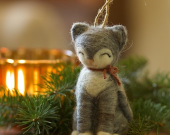 Wool Felted Gray Tabby Kitty Christmas Ornament