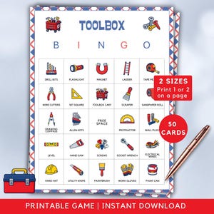 May include: A printable Toolbox Bingo game card featuring a grid of colorful tool illustrations including a flashlight, ladder, and drill bits. The card displays the text TOOLBOX BINGO, 2 SIZES Print 1 or 2 on a page, and 50 CARDS. A pen is placed beside the card.