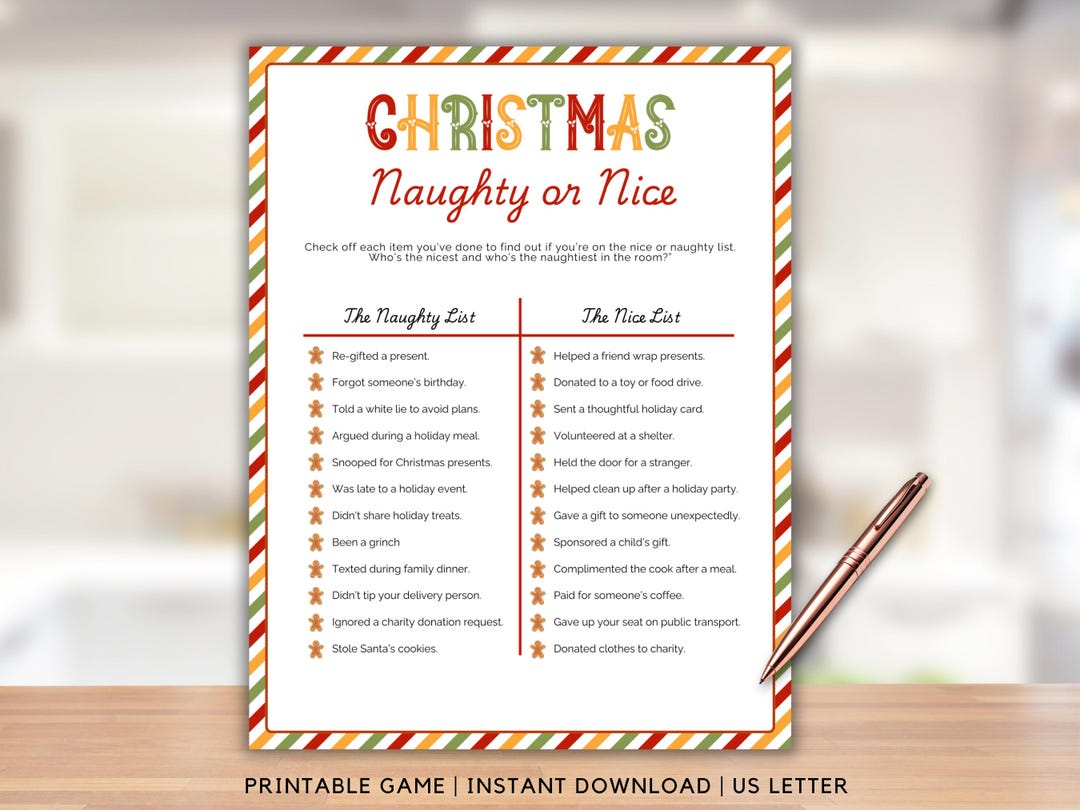 Christmas Naughty or Nice Game Printable, Fun Holiday Quiz for