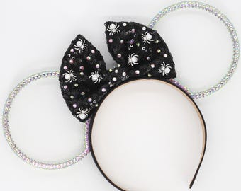 3D All Sides Rhinestone IRIDESCENT Mouse Ears With Sparkly Pearl Spiders On Black Sequin Bow