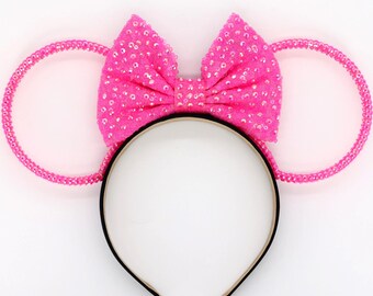 3D All Sides Rhinestone BARBIE PINK Mouse Ears With Sparkly Full Rhinestones On Malibu Pink Sequin Bow