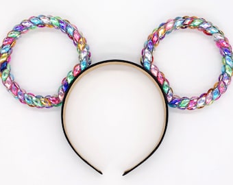 3D All Sides COLORFUL GEM Rhinestone Mouse Ears Minnie Rings Full Covered Bedazzled Sparkly Rim