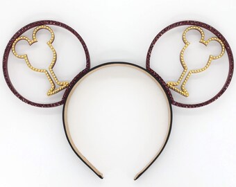 3D Mouse Head Wine Mouse Ears | International Food & Wine Festival | Burgundy Rhinestone Gold Pearls