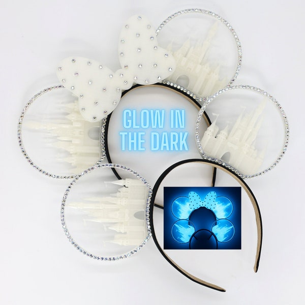 3D GLOW Castle Sparkly Iridescent Clear Crystal Inspired Disney World Disneyland Mouse Ears
