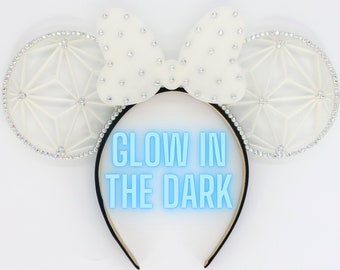 3D GLOW Epcot Sparkly Iridescent Clear Crystal Spaceship Earth Minnie Bow Mouse Ears