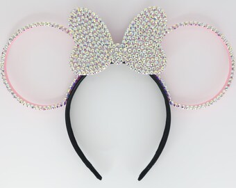 3D Minnie Mouse Inspired Mouse Ears Large Rhinestone Bow Rim Headband Custom Costume Gift Choose Your Color