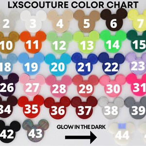 May include: Color chart with 45 different colors displayed in the shape of Mickey Mouse heads. The colors are numbered 1 through 45. The chart also includes the text "LXSCOUTURE COLOR CHART" and "GLOW IN THE DARK".