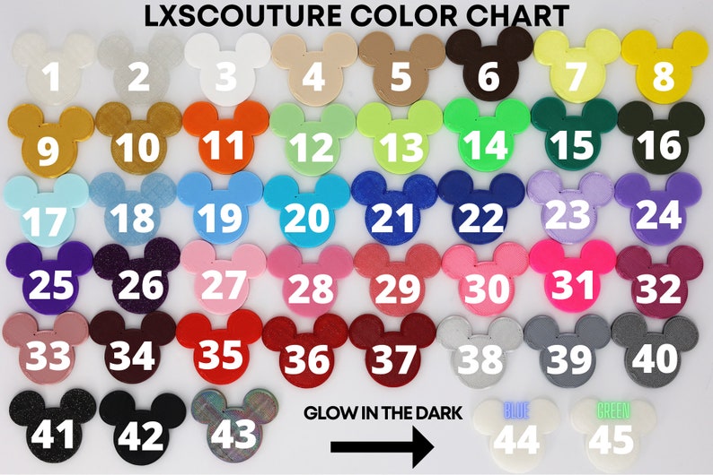May include: Color chart with 45 different colors displayed in the shape of Mickey Mouse heads. The colors are numbered 1 through 45. The chart also includes the text "LXSCOUTURE COLOR CHART" and "GLOW IN THE DARK".