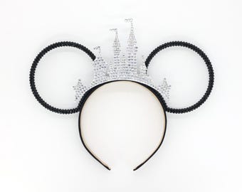 3D The Most Magical Rhinestone Castle Tiara CLEAR CRYSTAL-BLACK Mouse Ears