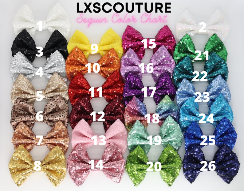 May include: A sequin color chart with 26 different colors of sequins arranged in bows. The colors are numbered 1 through 26.