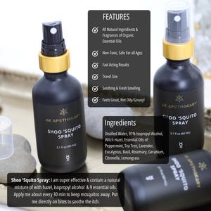 May include: Black spray bottles with gold accents, labeled "Shoo 'Squito Spray." The image includes text detailing the product's features, ingredients, and usage. Each bottle contains 2.1 fl oz (60 ml).