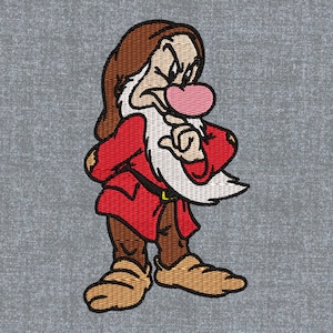 May include: A grumpy-looking cartoon dwarf with a red shirt, brown trousers, and a white beard. He has a brown hat and a pink nose.