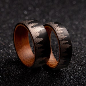 Forest Whiskey Barrel Ring, Mountain Mens Wedding Band, Unique Wedding Ring, Wood Tungsten Ring, Wedding Band, His Engraved Engagement Ring