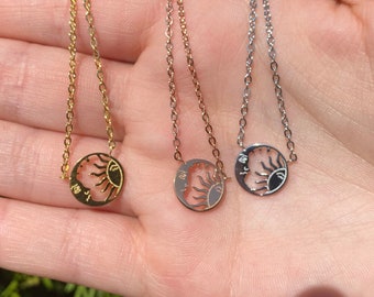 Celestial Jewelry Stamped Metal Hand Stamped Astronomy Pendant Sun Moon and Stars Necklace