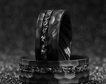 Ring Meteorite, Black Damascus Steel Ring, Inner Hammered Ring, Wedding Band Ring 8mm, Wedding Promise Rings, Engagement Rings for Men