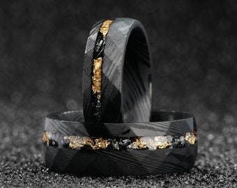 Meteorite Ring, Black Tungsten Ring, Mens Ring, Unique Wedding Band, Hammered Wedding Band, Mens Wedding Ring, 6-8mm Wide, Golden Leaf Ring