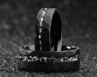 Mens Meteorite Ring, Men Black Wedding Band, Custom Wedding Hammered Rings, Engraved Ring Engagement Band, Unique Wedding Band, Gift for Him