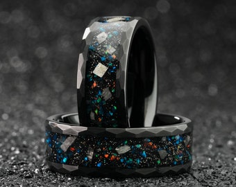 Meteorite Galaxy Opal Hammered Wedding Band, Mens Opal Engagement star Ring, Men Wedding Black Hammered Tungsten Band, Engraved Ring for Him