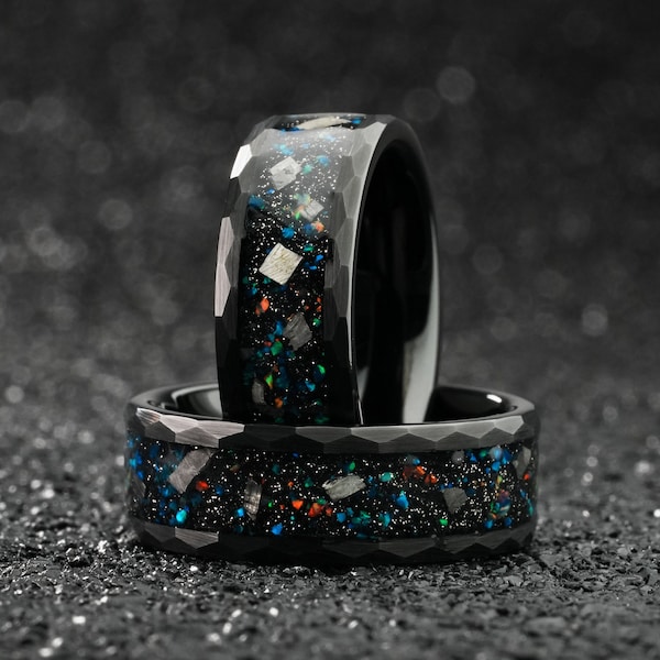 Meteorite Galaxy Opal Hammered Wedding Band, Mens Opal Engagement Ring, Men Wedding Black Hammered Tungsten Bands, Engraved Ring for Him