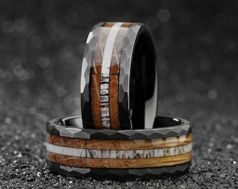 Hammered Whiskey Barrel Wedding Ring, Antler Mens Wedding Tungsten Bands, Wood Male Unique Engraved Wedding Ring, Personalized Gift For Him