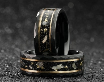 Gold Leaf and Meteorite Wedding Band, Mens Hammered Wedding Custom Engraved Ring, Mens Black Unique Tungsten Band, Men Engagement Ring