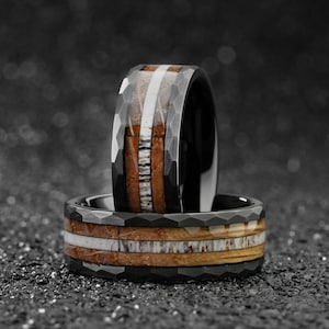 Hammered Whiskey Barrel Wedding Ring, Antler Mens Wedding Tungsten Bands, Wood Male Unique Engraved Wedding Ring, Personalized Gift For Him