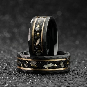 Gold Leaf and Meteorite Wedding Band, Mens Hammered Wedding Custom Engraved Ring, Mens Black Unique Tungsten Band, Men Engagement Ring
