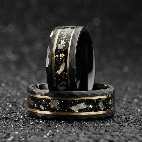 Bladgoud en meteoriet trouwring, heren gehamerde bruiloft aangepaste gegraveerde ring, heren zwarte unieke wolfraam band, mannen verlovingsring
