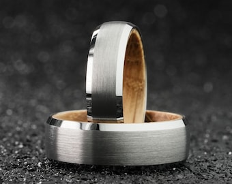 Silver Whiskey Barrel Ring, Tungsten Wedding Bands, Unique Mens Wedding Band, Mens Engagement Barrel Wood Ring, Male Wooden Wedding Ring