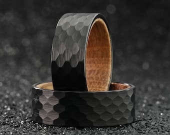 Black Hammered Whiskey Barrel Ring, Mens Wedding Band, Wood Engagement Tungsten Ring, Man Wedding Bands, Unique Boyfriend Gifts For Him