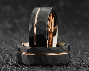 Black and Rose Gold Hammered Wedding Ring, Unique Brushed Tungsten Band, Mens Wedding Bands, Rose Gold Strip Engagement Ring, Gift For Him