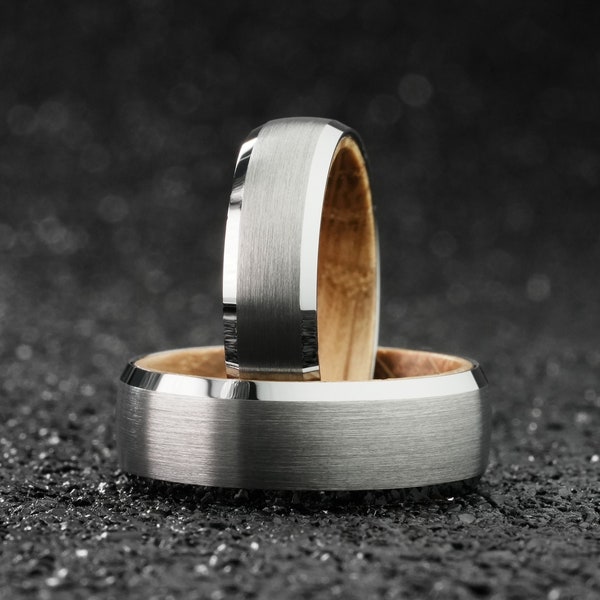 Silver Whiskey Barrel Ring, Tungsten Wedding Bands, Unique Mens Wedding Band, Mens Engagement Barrel Wood Ring, Male Wooden Wedding Ring