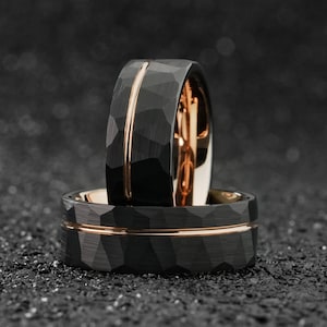 Black and Rose Gold Hammered Wedding Ring, Unique Brushed Tungsten Band, Mens Wedding Bands, Rose Gold Strip Engagement Ring, Gift For Him