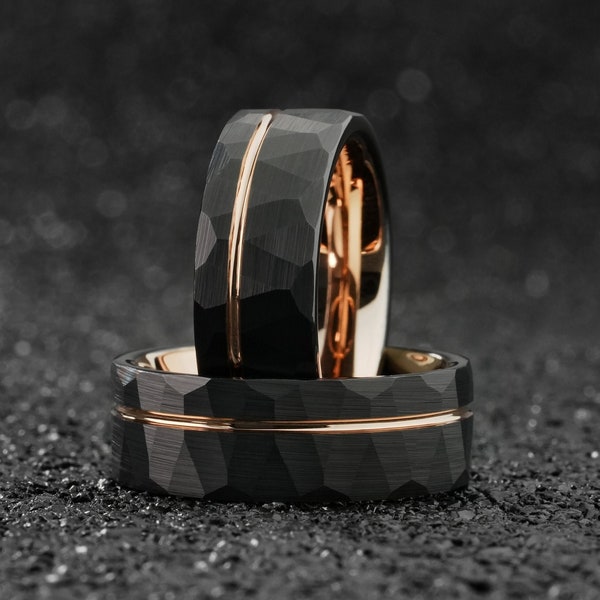 Black and Rose Gold Hammered Wedding Ring, Unique Brushed Tungsten Band, Mens Wedding Bands, Rose Gold Strip Engagement Ring, Gift For Him