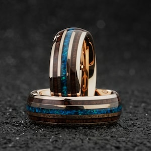 Anello nuziale in oro rosa e opale blu, anelli nuziali in legno di koa hawaiano, anelli di fidanzamento da uomo, anello nuziale in tungsteno unico, regalo per lui
