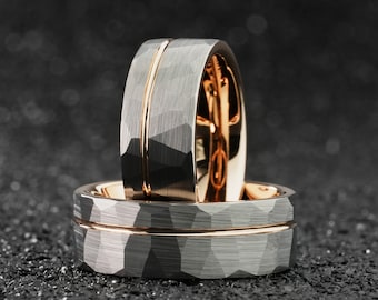 Silver and Rose Gold Wedding Ring, Mens Wedding Band, Unique Tungsten Hammered Bands, Rose Gold Strip Engagement Ring, Gift For Him