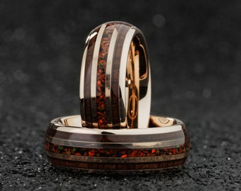 Rose Gold und Roter Opal Ehering, Feueropal hawaiianische Koa Holz Herren Ehering, einzigartige Wolfram Herren Verlobungsringe, Geschenk für ihn