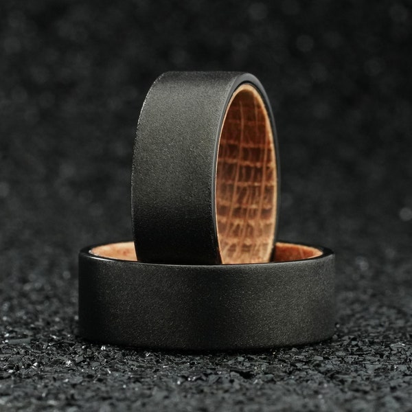 Black Sandblasted Whiskey Barrel Ring, Mens Wedding Band, Barrel Wood Engagement Tungsten Ring, Unique Man Wedding Bands, Gifts For Him