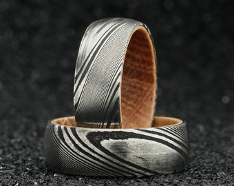 Damascus Whiskey Barrel Ring, Mens Damascus Steel Wood Wedding Band, Unique Engagement Damascus Steel Ring, Christmas Gift for Boyfriend