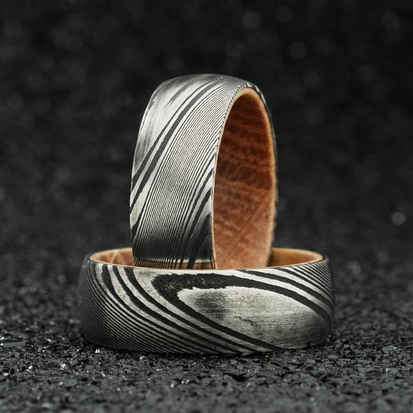 Damascus Whiskey Barrel Ring, Mens Damascus Steel Wood Wedding Band, Unique Engagement Damascus Steel Ring, Christmas Gift for Boyfriend